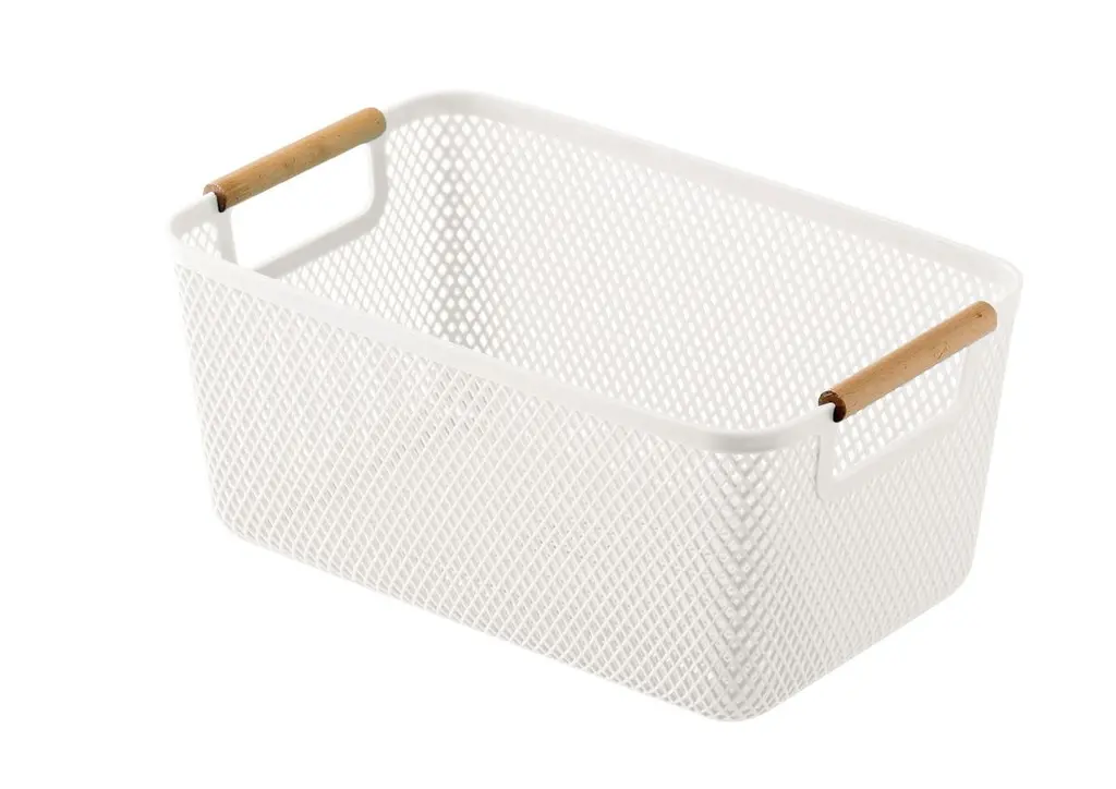 Plastic Storage Basket Wooden Handle Large - White (36.5x22.5x16.5cm)