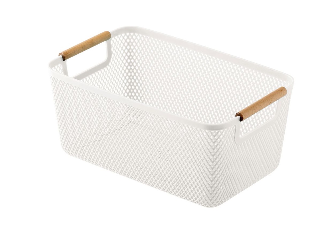 Plastic Storage Basket Wooden Handle Small - White