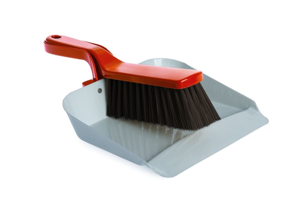 Metal Dustpan & Brush Set - Grey/Red