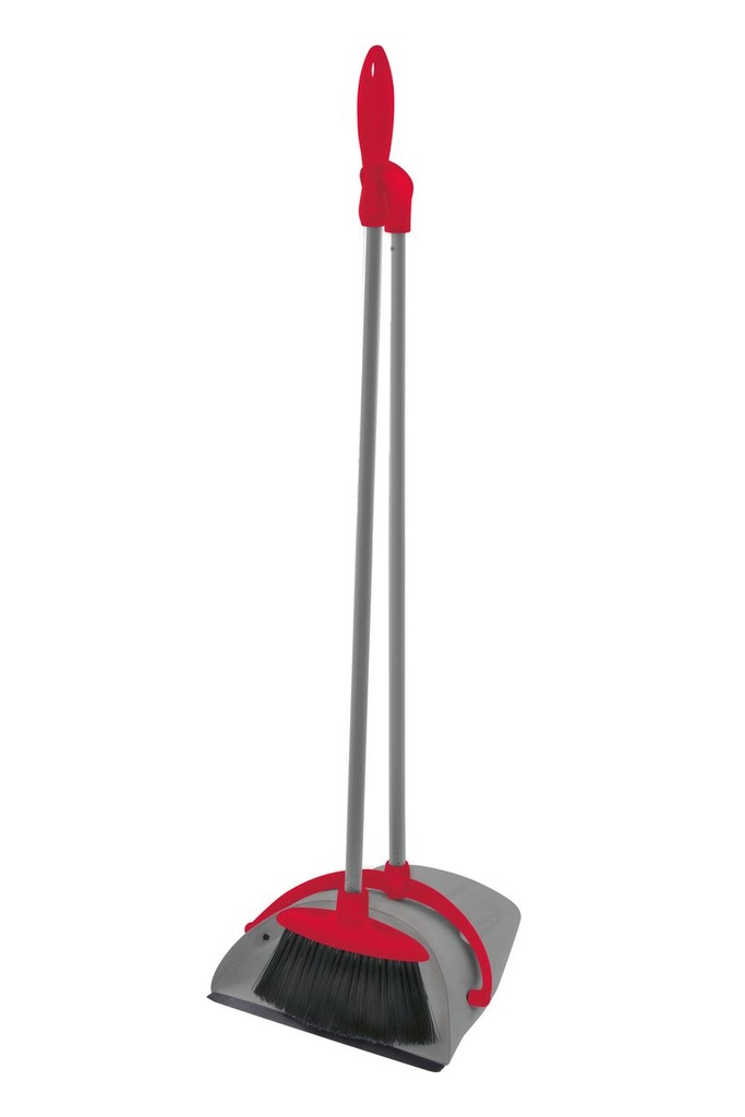 Folding Long Handle Dustpan & Brush - Gy/Red