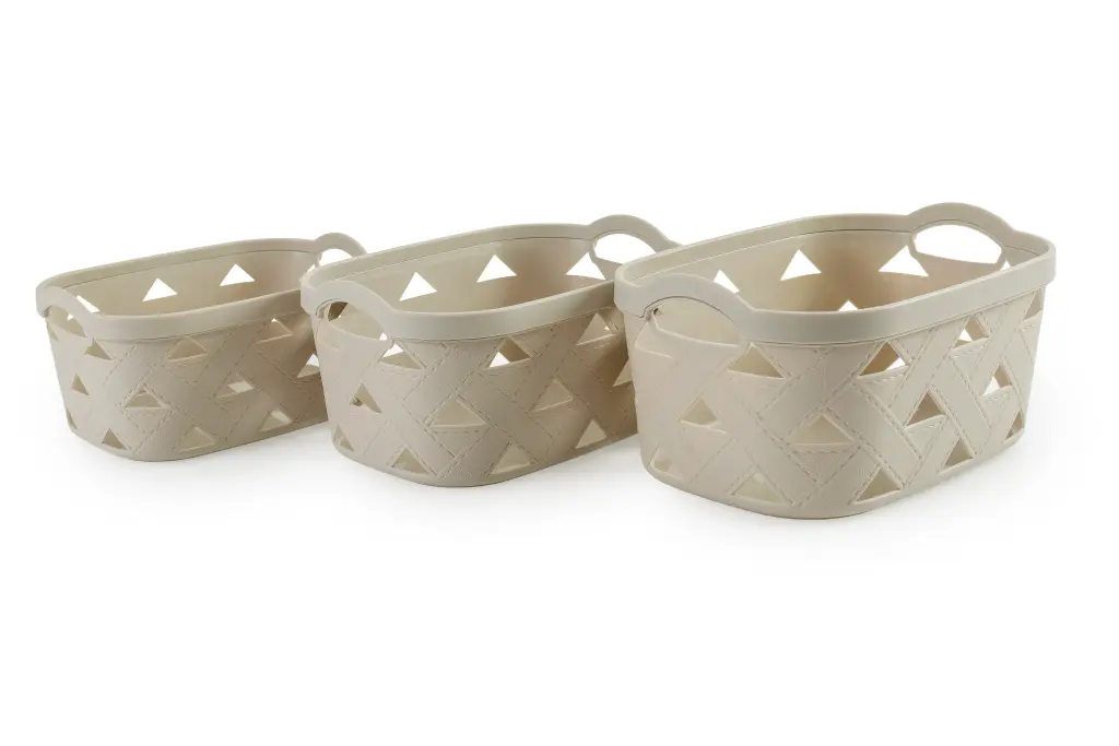 Weave Design Set 3 Plastic Storage Baskets - Almond