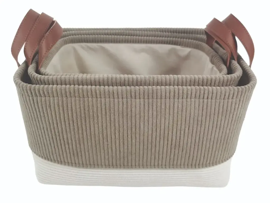 Corduroy Two Tone Set 3 Storage Baskets - Coffee+Natural