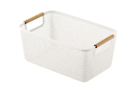 [BA6231WH] Plastic Storage Basket Wooden Handle Medium - White (32x20.5x14.5cm)