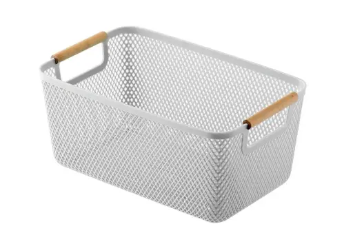 [BA6232GY] Plastic Storage Basket Wooden Handle Large - Grey (36.5x22.5x16.5cm)