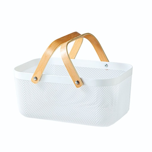 [14415] Plastic Basket with Wooden Handle Large White**