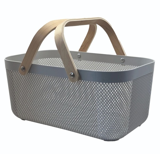 [14416] Plastic Basket with Wooden Handle Large Grey**