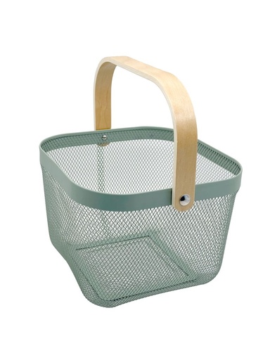 [14401] Metal Mesh Basket with Wooden Handle Green