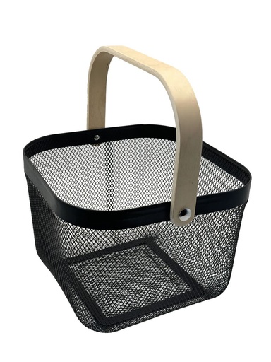 [14402] Metal Mesh Basket with Wooden Handle Black