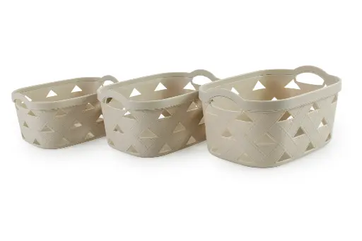 [BA6235AL] Weave Design Set 3 Plastic Storage Baskets - Almond