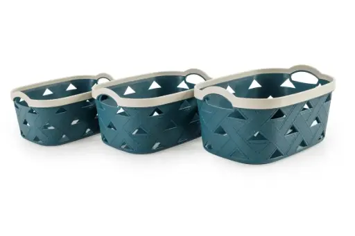 [BA6235BL] Weave Design Set 3 Plastic Storage Baskets - Blue