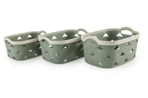 [BA6235GR] Weave Design Set 3 Plastic Storage Baskets - Green